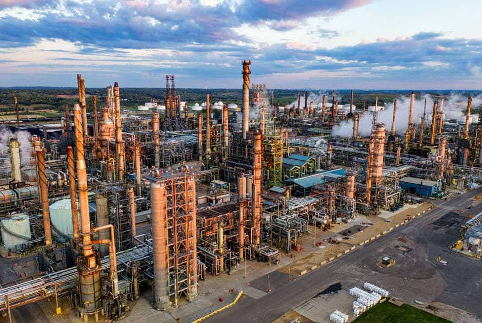 An expansive aerial shot of Pine Bend Oil Refinery in Rosemount, MN, showcasing industrial structures and pollution.
