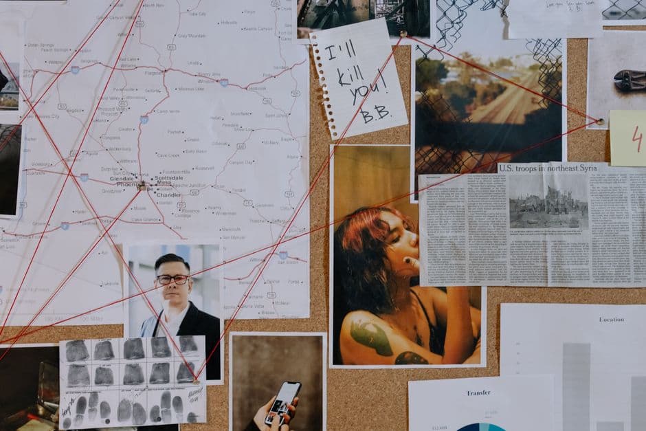 A detailed crime investigation board with photos, maps, and red threads used for connecting clues.