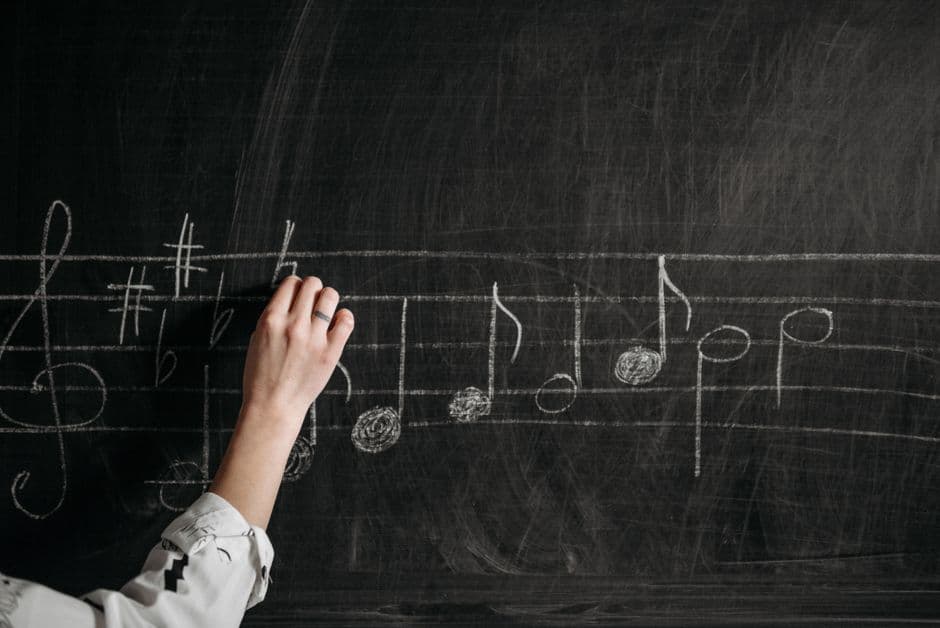 A person writing musical notes on a blackboard with chalk indoors.