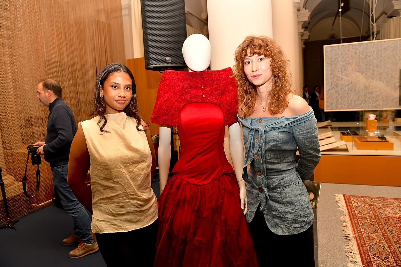 Odessa Calloway and Lovisa Schmidt, Beckman College of Design with their gown inspired by 2025 Nobel Prize in medicine.