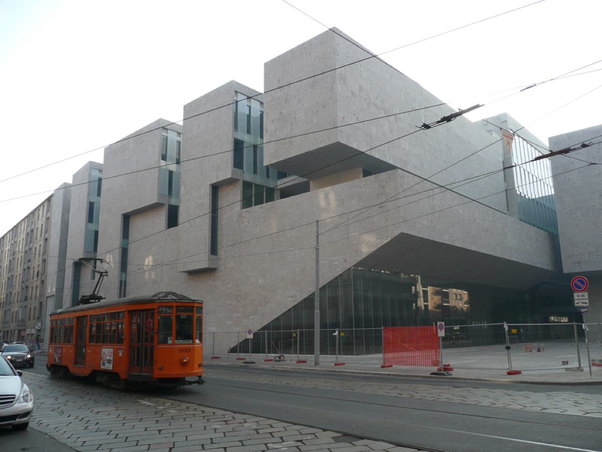 Bocconi University modern building in Milan featuring distinctive pale stone cladding and contemporary architecture.