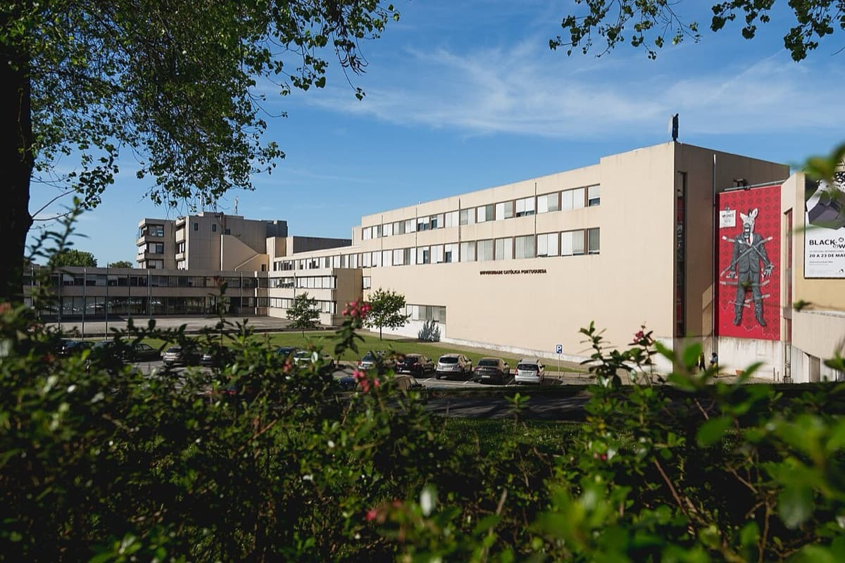 UCP Campus Foz (Porto) of Universidade Católica Portuguesa, showing modern institutional buildings on green campus grounds with clear sky.