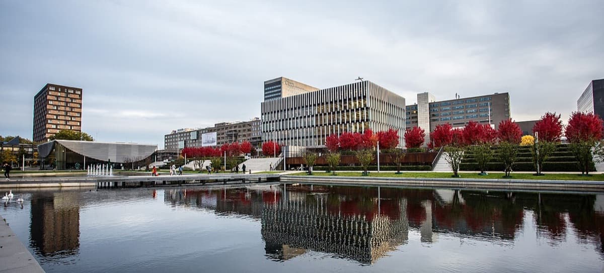 Multiple buildings of Erasmus University Rotterdam campus reflected in water with trees and landscaping visible.