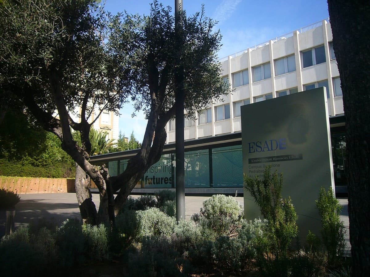 ESADE Business School campus building with signage and landscaping in Barcelona.